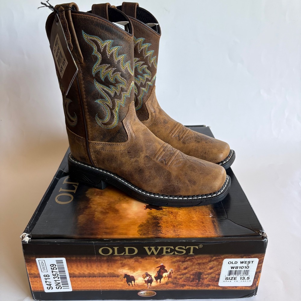 Old West Kids Brown Leather Square Toe Western Cowboy Boots Size 13.5 Little Kid